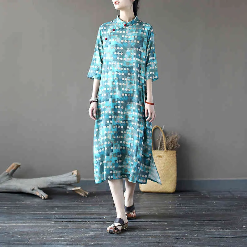 Johnature Women Chinese Style Dress Polka Dot Cheongsam Stand Seven Sleeve A-Line Button Summer Bomull Linne Klänningar 210521