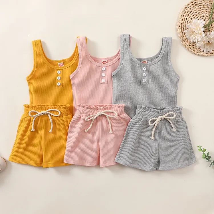 Ensembles de vêtements pour tout-petits été bébés garçons filles costumes coton enfants tenues enfants côtelés tricotés sans manches gilet hauts + taille élastique court M3526