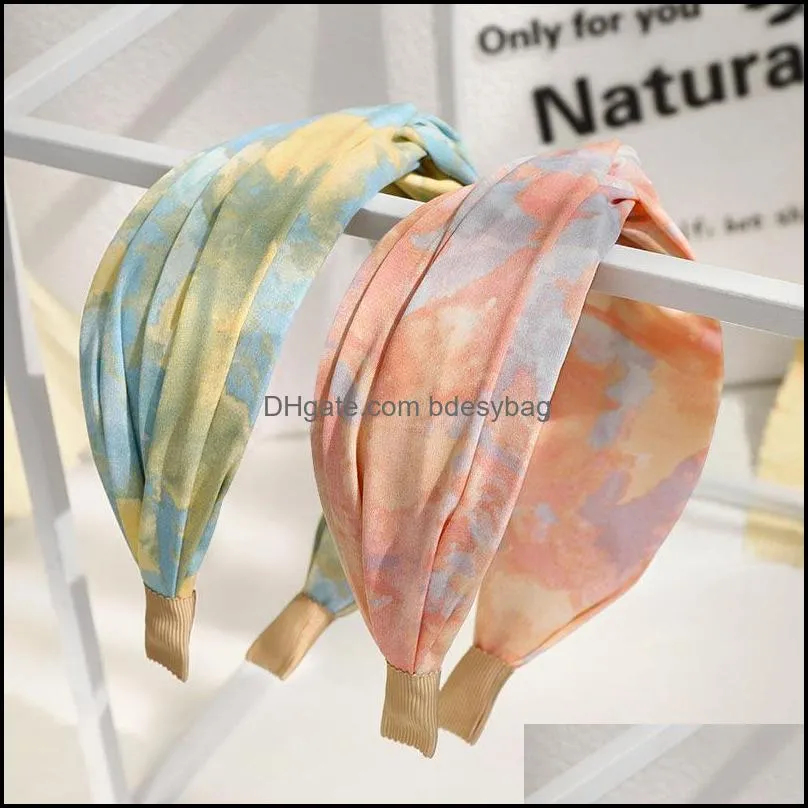 New Fashion Women Headwear Tie-dyed Fabric Headband Cross Fold Hairband Wide Side Turban Adult Hair Accessories