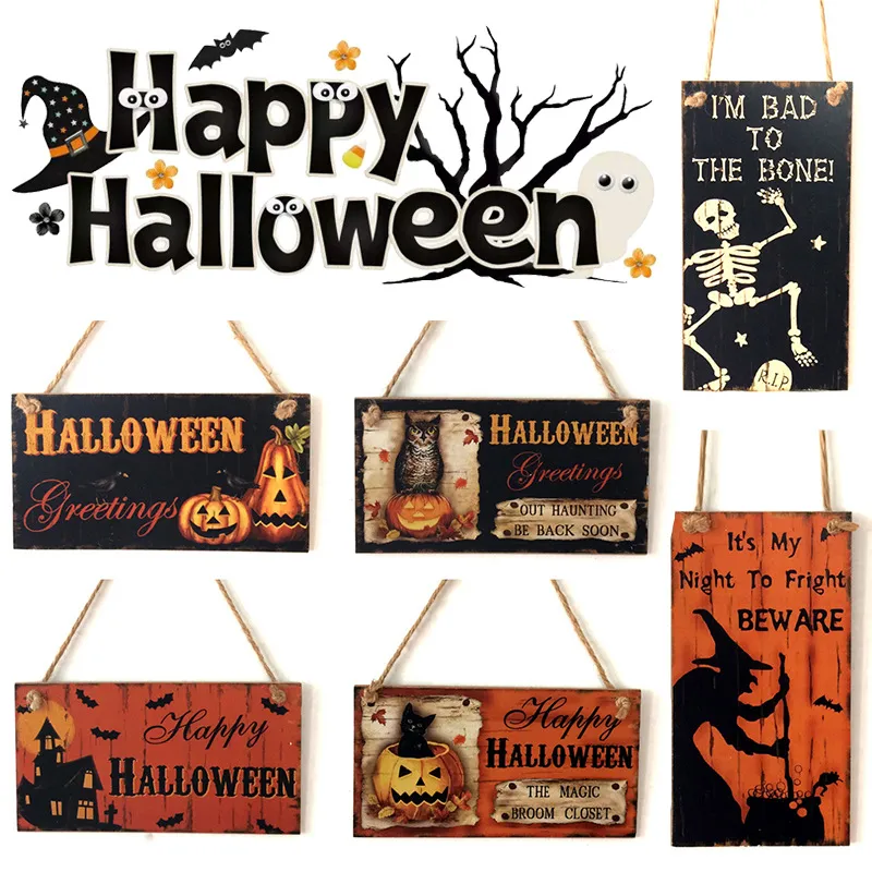 Rechteckige hölzerne Dekoration zum Aufhängen, Halloween-Dekoration, Türschild, Plakette, Wohnaccessoires, Ornament. 6 Stile zur Auswahl