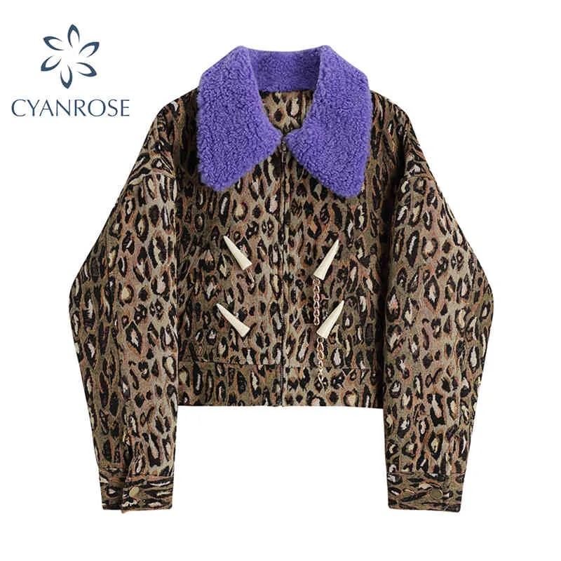 Kvinnor gröda Streetwear Jacka Leopard Spliced ​​Purple Wool Fur Fashion Winter Coat Kvinnlig Vintage Club Double Breasted Outwear 210417