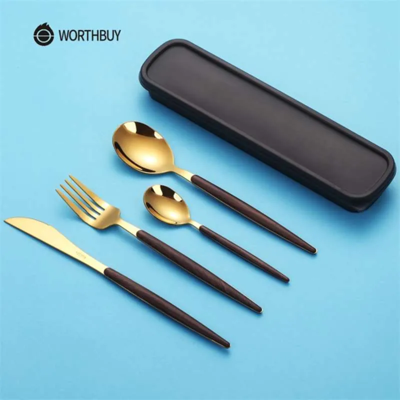 Worthbuy Western Gold Bestick Set 304 Rostfritt Stål Kök Kniv Sked Gaffel Middag Bärbar Rese Porslin 210928