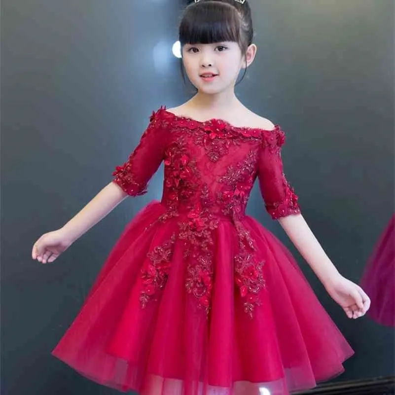Kırmızı tül omuzless çiçek kız elbiseler düğün aplikler için örgün kız doğum günü partisi elbise prenses balo elbisesi 210331