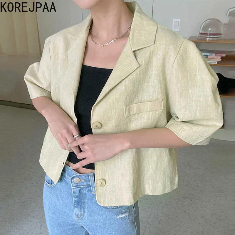 Korjpaa Kvinnor Jacka Sommar Koreanska Chic Ladies All-Match Lapel Tre-Button Design Loose Short Puff Sleeve Suit Jackor 210526