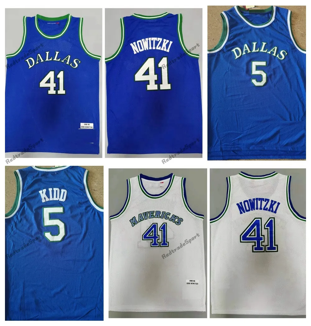 Vintage 1998-1999 baskettröjor herr blå 5 Jason Kidd 41 Dirk Nowitzki sydda skjortor S-XXL