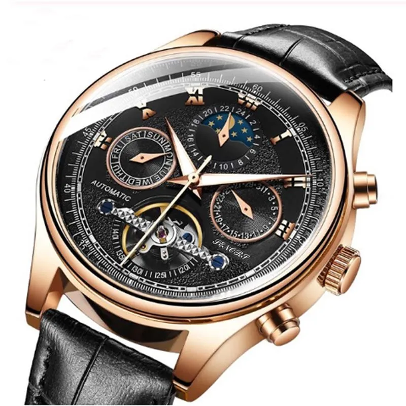 Wristwatches Tourbillon Skeleton Automatic Mechanical Watch Men Luxury Rose Gold Black Leather Saat Self Wind Male Wrist Watches Reloj Hombr