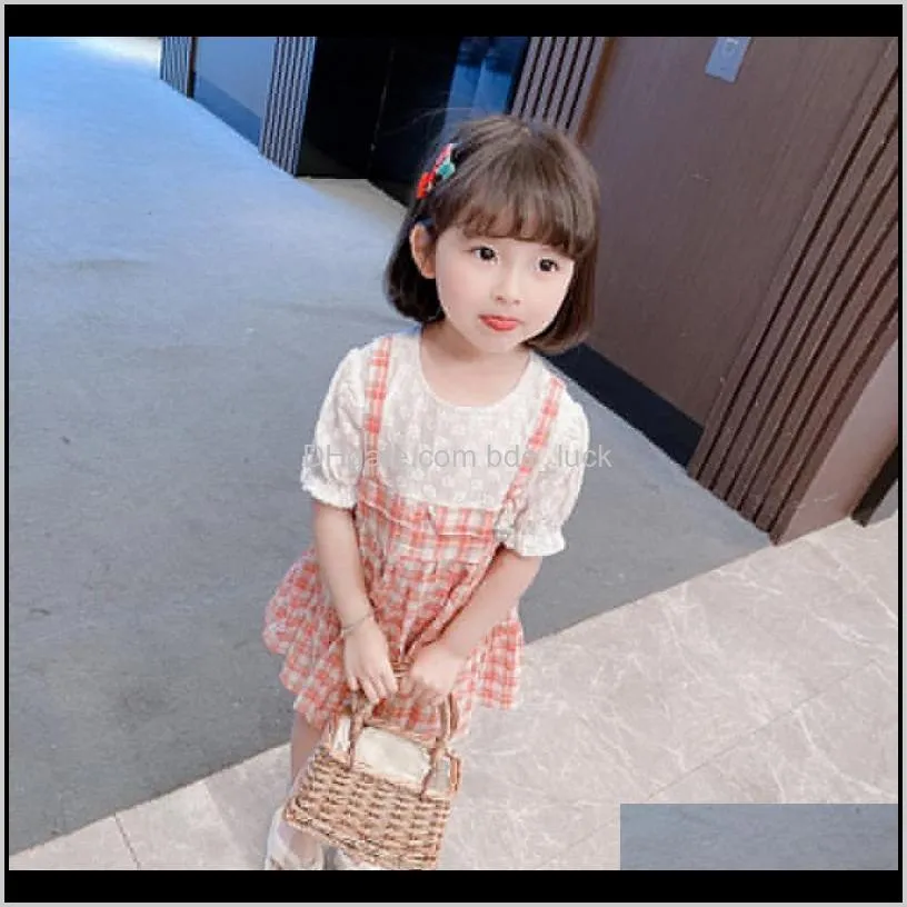 Summer Cute Baby Girls Puff Sleeve Plaid Dress Kids Clothes Floral Embroidery Princess Dresses Casual Children Clothing 2-6Y Girl`s