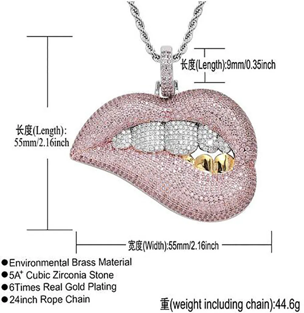 Menskvinnor Iced Out 14k Zircon Lips Pink Pendant Necklace Micro Pave Bling Flashy Charm Hiphop smycken Whos241p