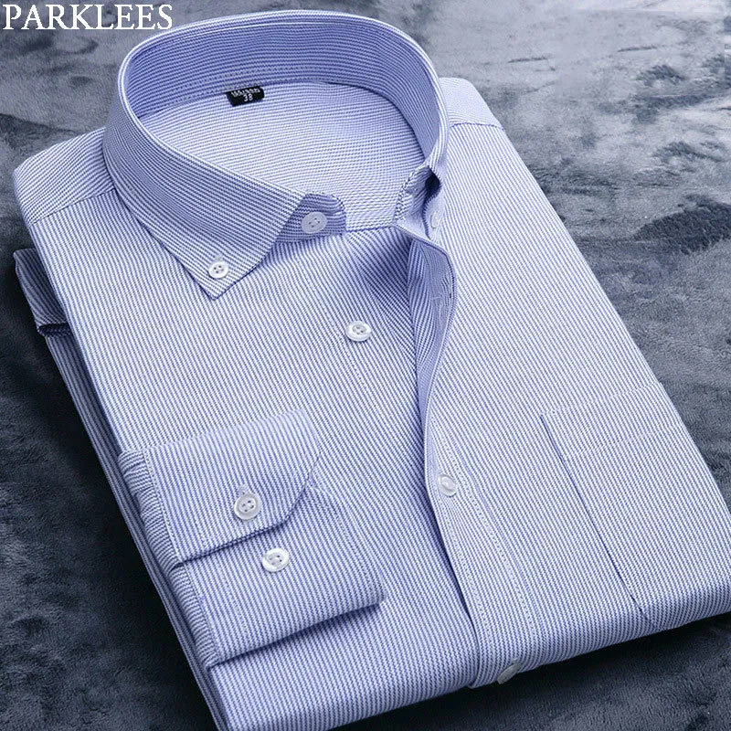 Classic Sky Blue Striped Oxford Shirt Men Slim Fit Button Down Dress Shirts Mens Långärmad Business Casual Shirt Man 210522