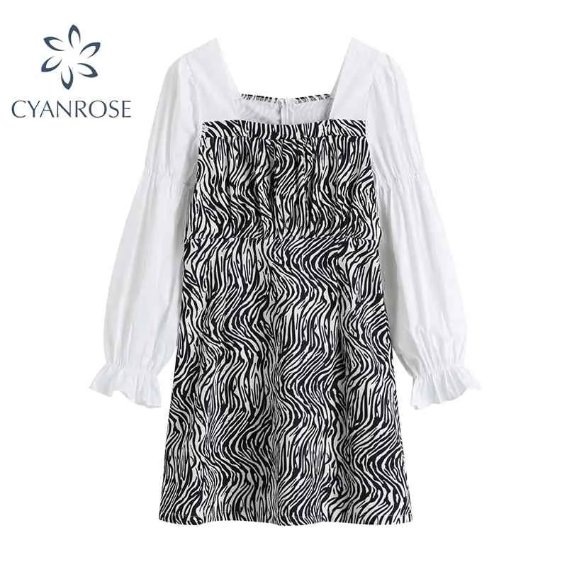 Outono Mulheres Zebra Impressão Praça Mini Vestido Coréia Elegante Vintage Simples Harajuku Feminino Manga Longa Casual Mulheres Vestido Festa 210417