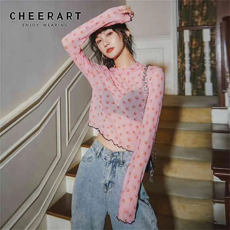 Mesh Crop Top Long Sleeve T Shirt Women Summer Pink Printed Tshirt Casual Transparent Tee Korean Clothes 210427