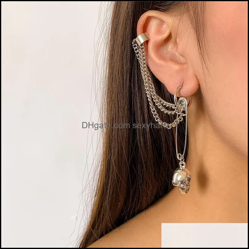Europe Single Pins Skeleton Chain Ear Cuff Women Punk Tassel Alloy Earring Clips Party Gift Silver Skull Dangle Earrings Jewelry Accessories