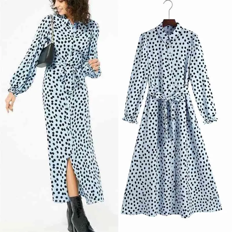 Vrouwen zomer vintage dot shirts jurk za lange mouw sjerpen vlinderdas casual vrouwelijke elegante midden-kalf jurken vestidos mujer 210513