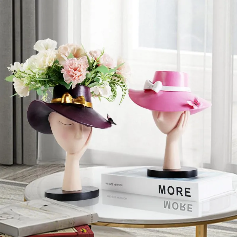 VASESヨーロッパの帽子の女性植木鉢樹脂の装飾品ベッドルームデスクトップ彫刻装飾ホームリビングルームテーブル花瓶の工夫