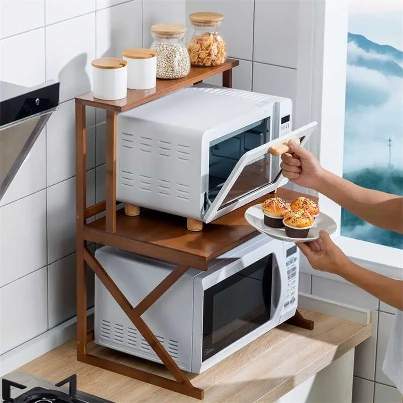 Scaffali per la casa Elettrodomestici Forno a microonde Rack Accessori per la cucina in bambù Organizzatore Tavolo per la casa Condimento Legno massello 211112