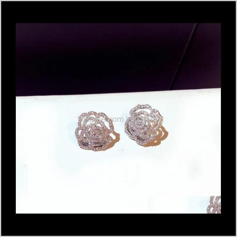super glittering new hot ins fashion luxury designer diamonds zircon elegant camellia rose flower stud earrings for woman girls gold