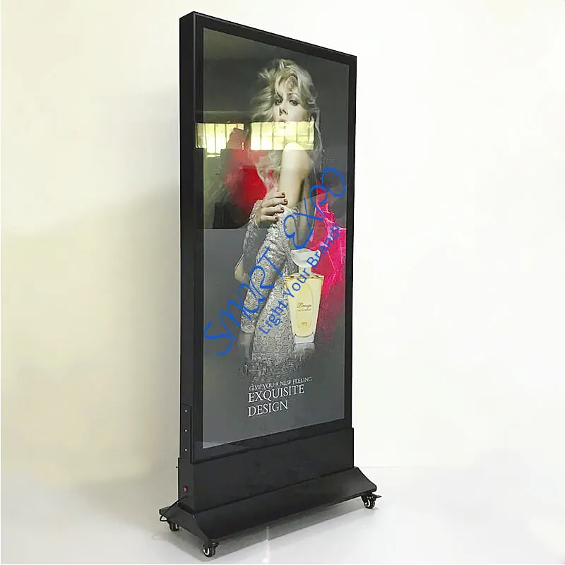 60 * 180 cm Merchandising Ramka na zdjęcia LED Wyświetlacz reklamowy Stojak na podłodze Pudełko do użytku na zewnątrz z kołami podstawowymi Drewniane pakowania