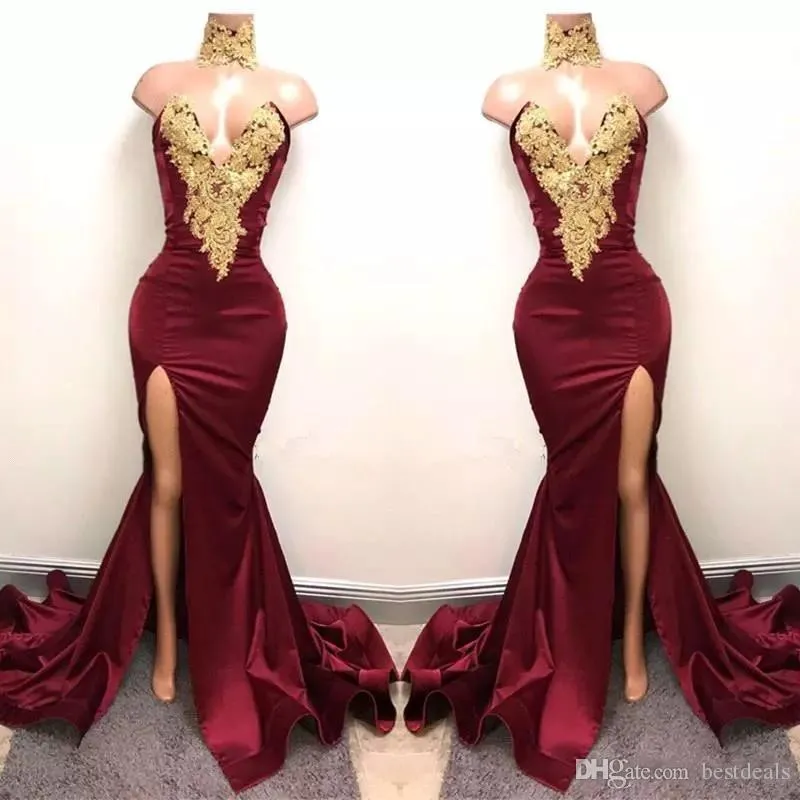 2017 New Sexy African Burgundy Prom Dresses Evening Wear Mermaid Gold Lace Appliqued Front Split 2K18 Elegant Formal Evening Party Gowns