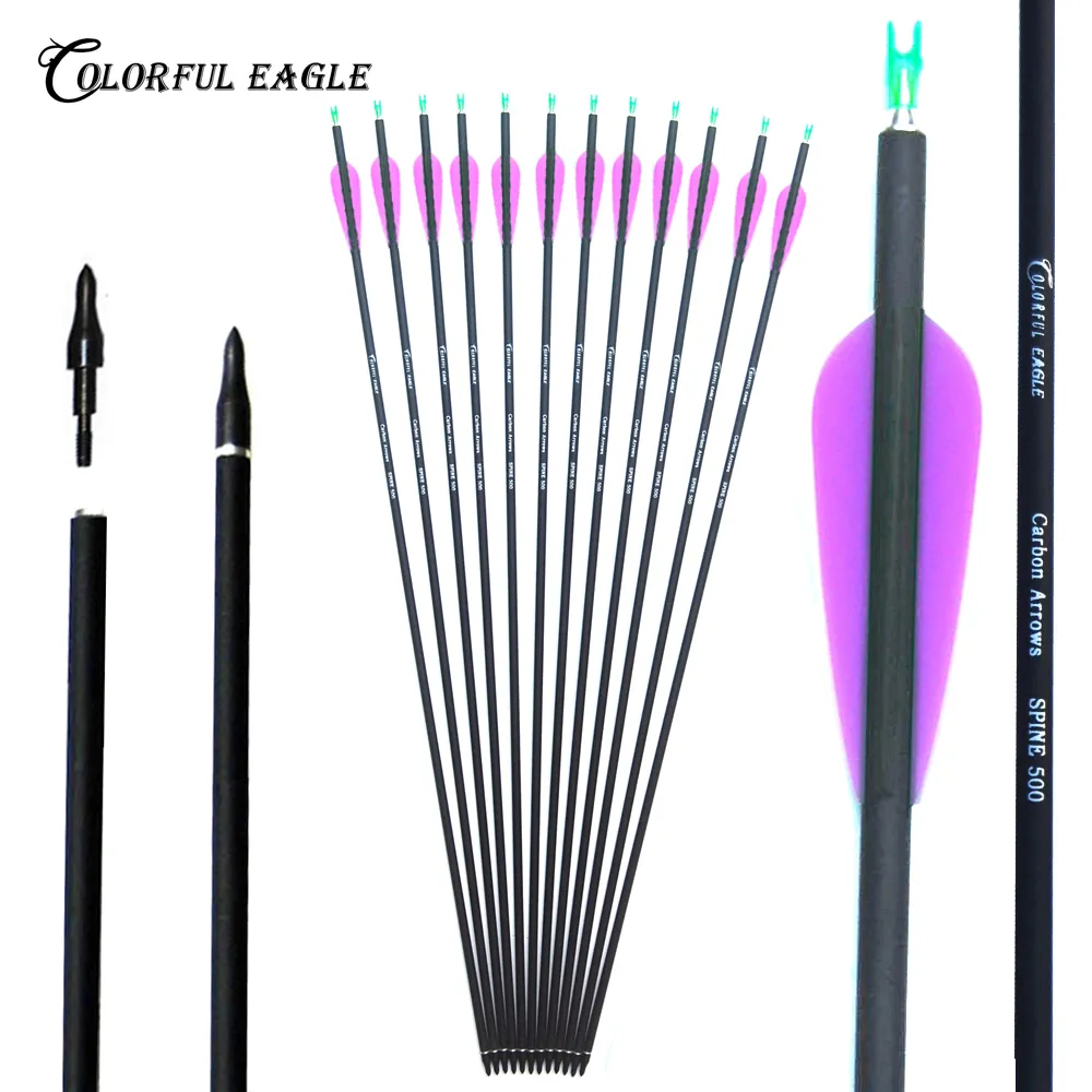 28" 30" 31" Archery Carbon Arrows with Changable Arrowhead, Nock Proof,Spine 500 Hunting Recurve Compound Long Bow Arrow