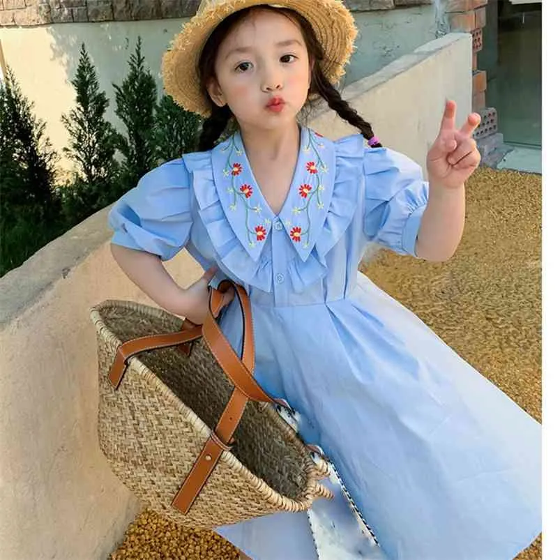 Summer Girls Dress Korean Style Cotton Sweet Lace Bubble Sleeve Flower Embroidery Baby Kids Clothes Children'S Clothing 210625