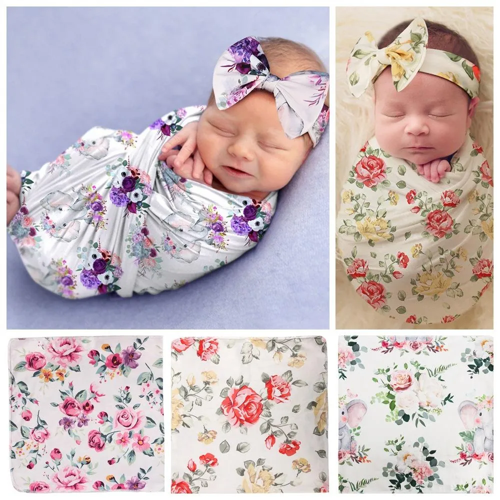 Infant Baby Swaddle Wrap Blanket Florals Wraps Blankets Nursery Bedding Babies Wrapped Cloth With Bowknot Headband Photo Props