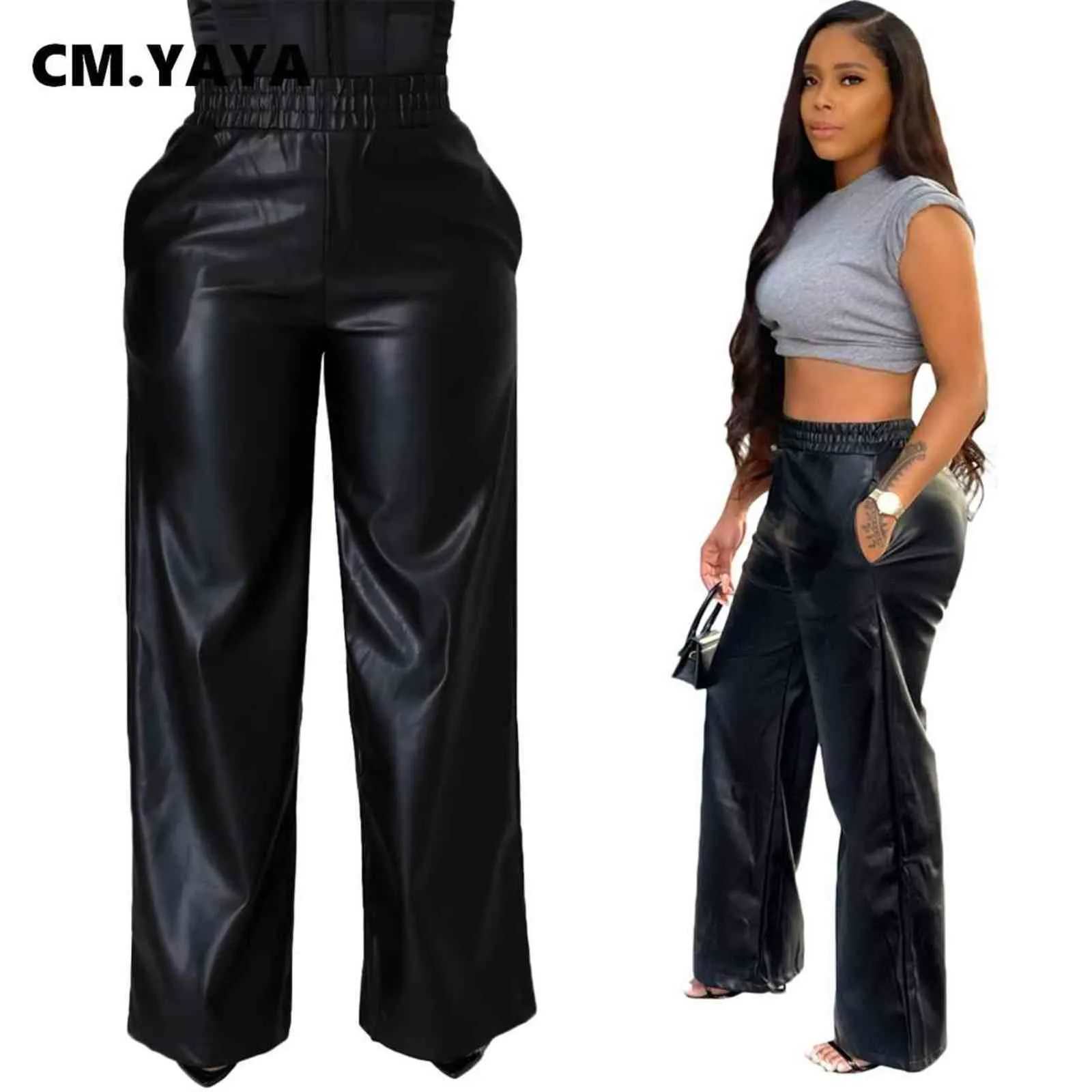 CM.YAYA Women Faux Leather Straight High Waist PU Pants INS Elegant Autumn Winter Solid Wide Leg Black Trousers 211124