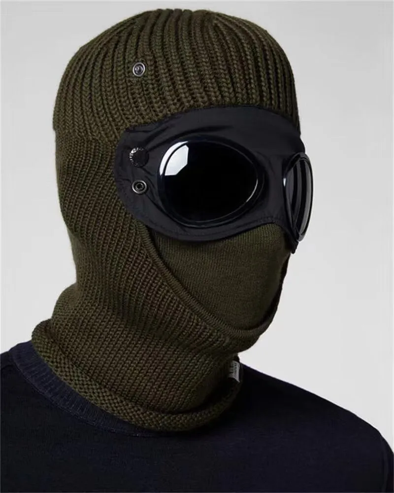 Två lins Windbreak Hood Beanies utomhus bomull stickade män maskerar avslappnad manlig skalle mössor hattar svart grå armé grön