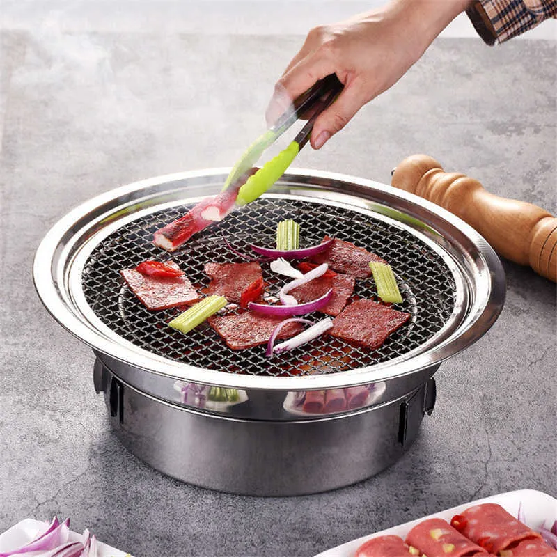 Koreansk Charcoal Barbecue Grill Rostfritt Stål Non-Stick Brillbricka Grillar Bärbar Kolugn För Utomhus Camping BBQ 210724