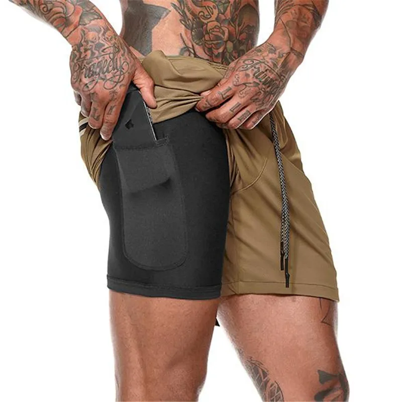 Mens 2 In 1 Running Shorts Security Pockets Leisure Shorts Quick Drying Sport Shorts Built -In Pockets Hips Hiden Zipper Pockets