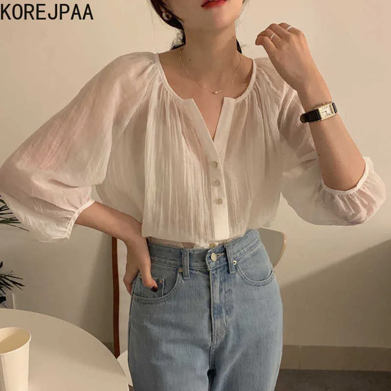 Korejpaa Dames Shirt Zomer Temperament Single-Breasted Seven-Point Lantern Sleeves Micro-Transparent Zonnebrandcrème Blouses 210526