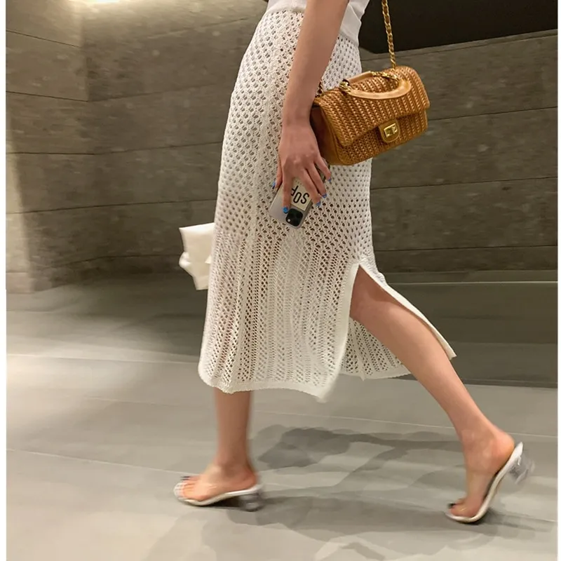 Летние элегантные дамы вязание тонкий бодильон юбки женщин выладьте эластичную высокую талию сексуальную раскол юбки 210520