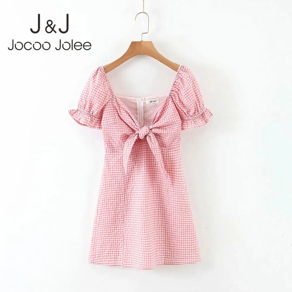 Jocoo Jolee Donna Casual manica corta Cravatta con scollo a V Mini abito scozzese Elegante abito da spiaggia sottile Estate Boho Vestito estivo 210518