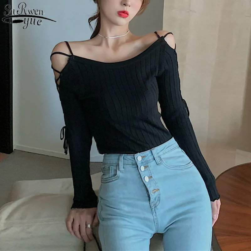 Korean Long-sleeved Women's Knitwear White Black Slim Thin.off-the-shoulder Woman's Blouses Sexy Hollow Shirts 12209 210427