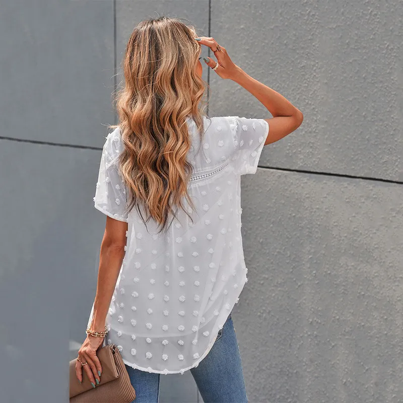 Chiffong Boho Sheer Blouses Kvinnor Sommar Polka Dot Toppar Lace V-Neck Kortärmad Loose Casual Fashion Plus Storlek Vit Gaze Shirt