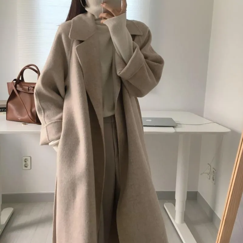 Women Elegant Long Wool Coat with Belt Solid Color Sleeve Chic Outerwear Autumn Winter Ladies Overcoat