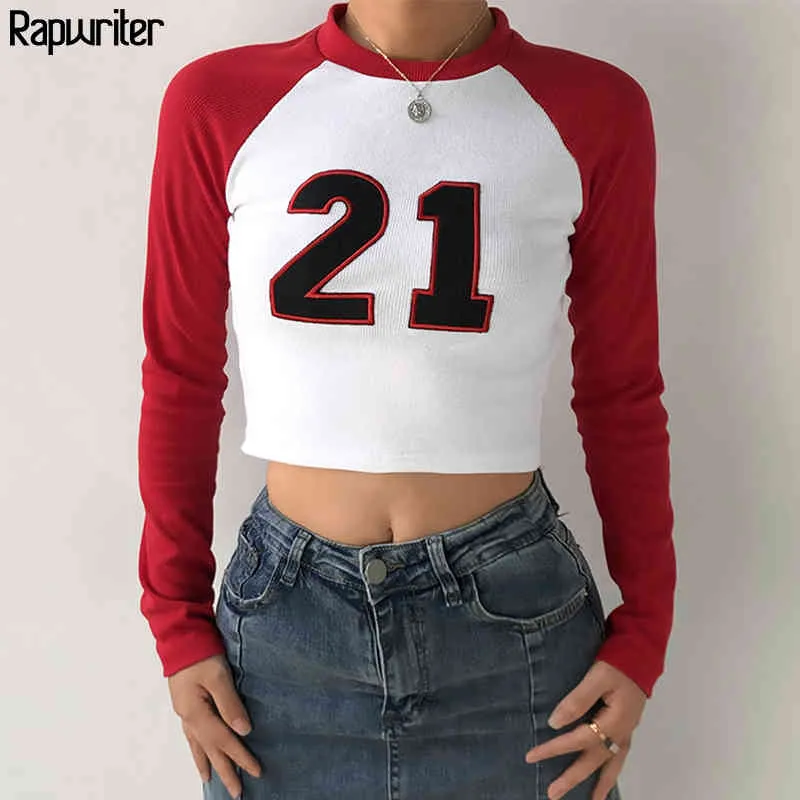 Casual Panelled Number Pattern Cotton Y2k Aesthetic t shirt Women Harajuku e girl O-Neck Long Sleeve Crop Tops Tee Shirt 210415