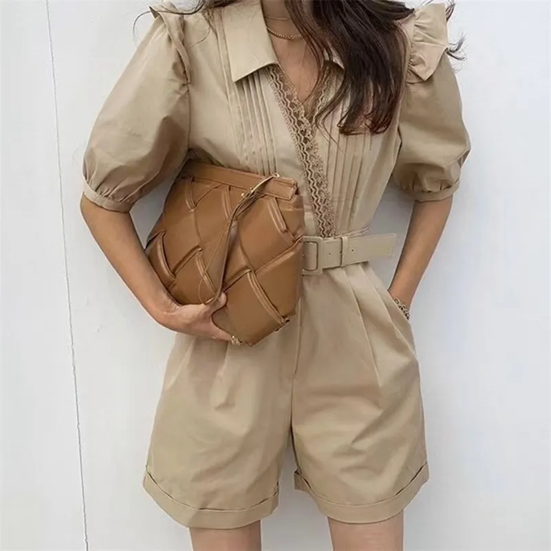 우아한 레트로 옷깃 레이스 바느질 여자 jumpsuit 주름 leated 레이스 업 허리 퍼프 슬리브 jumpsuit 여성 rompers womens jumpsuit 210514