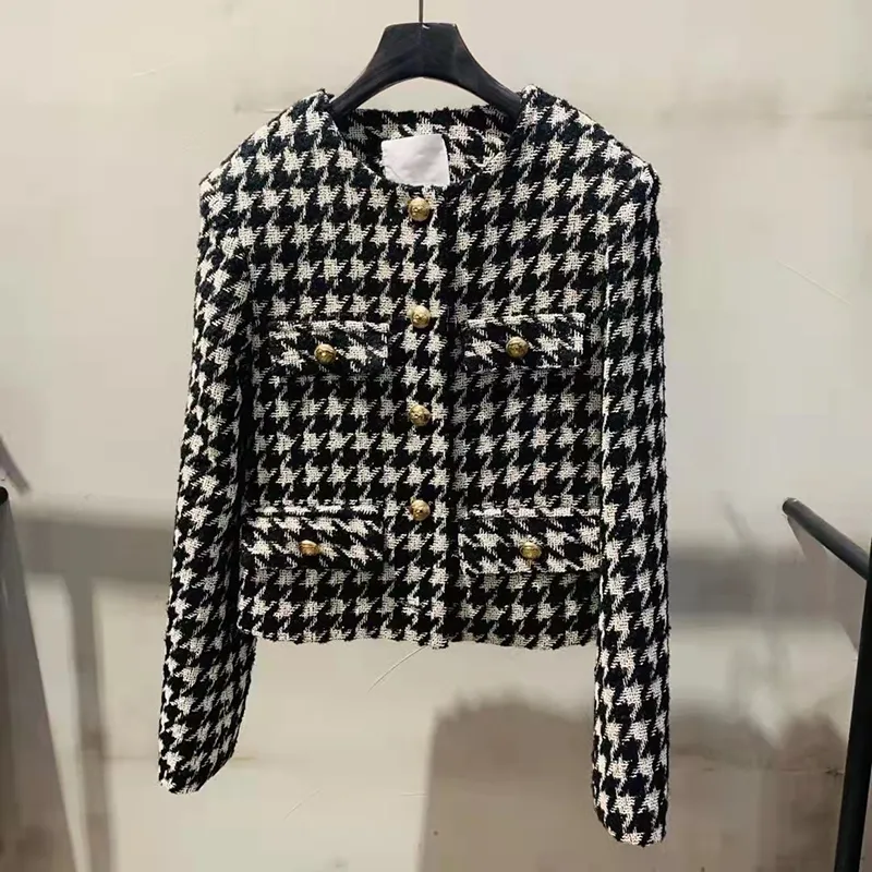 Autumn New women's o-neck long sleeve tweed woolen color block houndstooth plaid grid fashion coat casacos jacket SMLXL