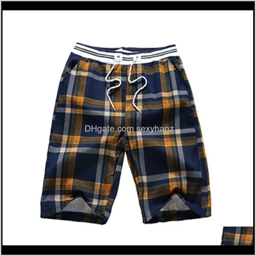 summer new men`s casual cotton and linen five pants slim linen beach plaid print pant 2020