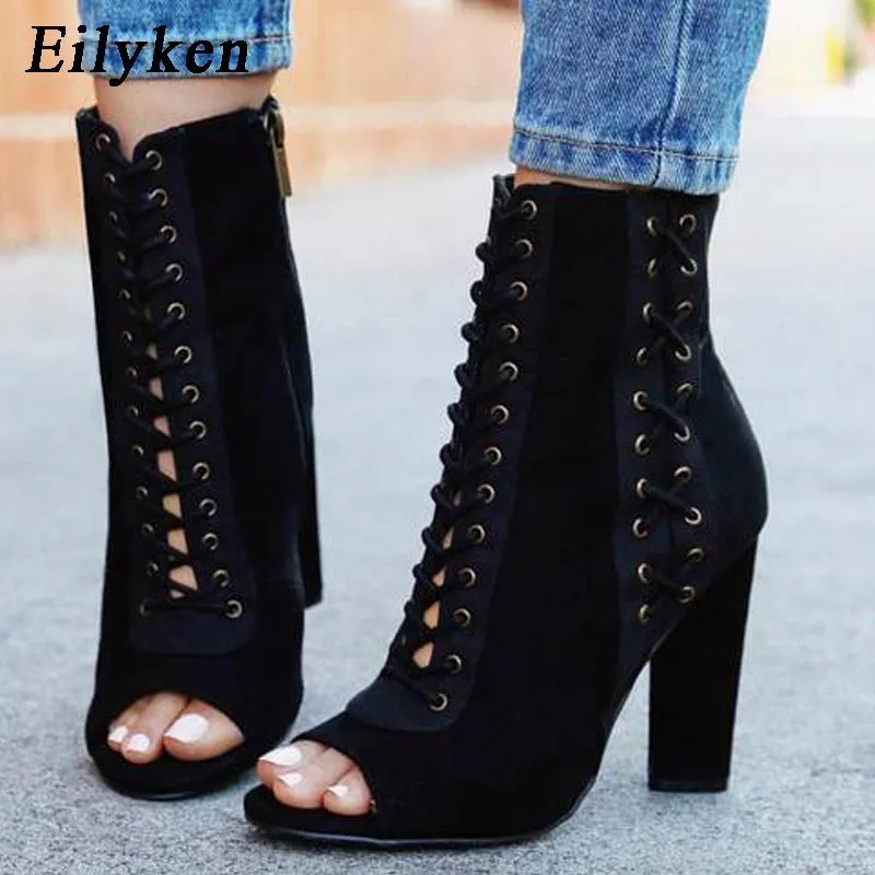 Eilyken 2021 تصميم جديد أزياء النساء أحذية زقزقة تو سستة الخريف الكاحل أحذية عالية الكعب امرأة الجوارب sapatos feminios