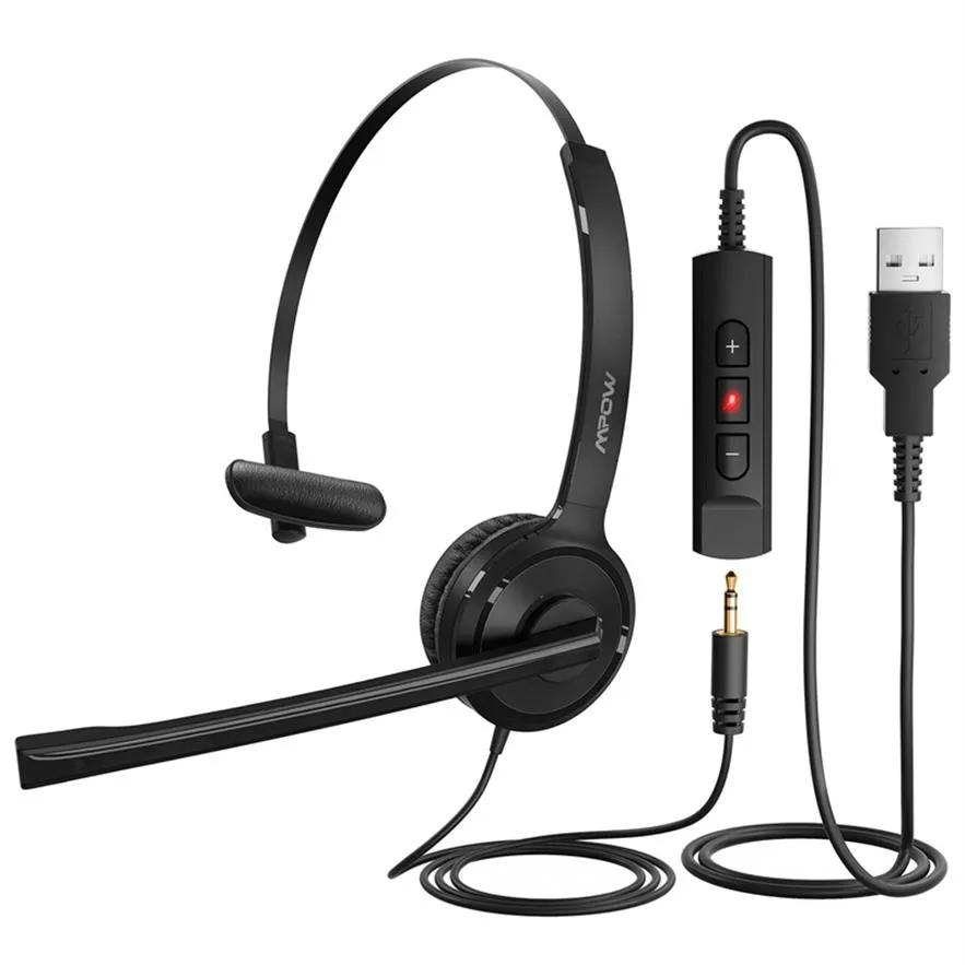 2.5mm Phone Headphones with Noise Cancelling Microphone, Single-Sided USB Home Headset with in-Line Control a04
