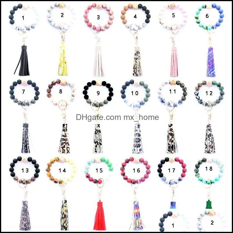 Jewelry 65 Colors Beaded Keychain Party Favor Wooden Tassel String Chain Food Grade Silicone Bead KeyRing Women Wrist Strap Bracelet