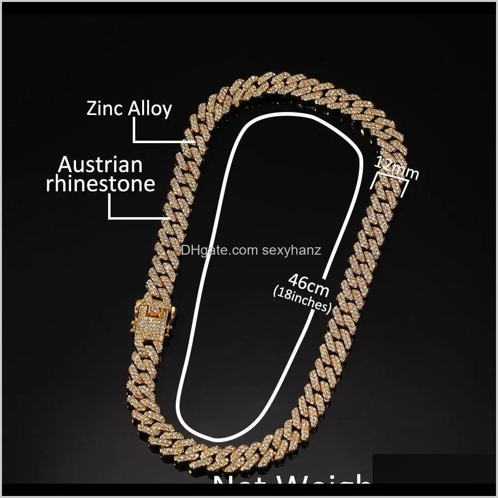 12mm  cuban link chain necklace bracelets set for mens hip hop bling iced out diamond gold silver chains