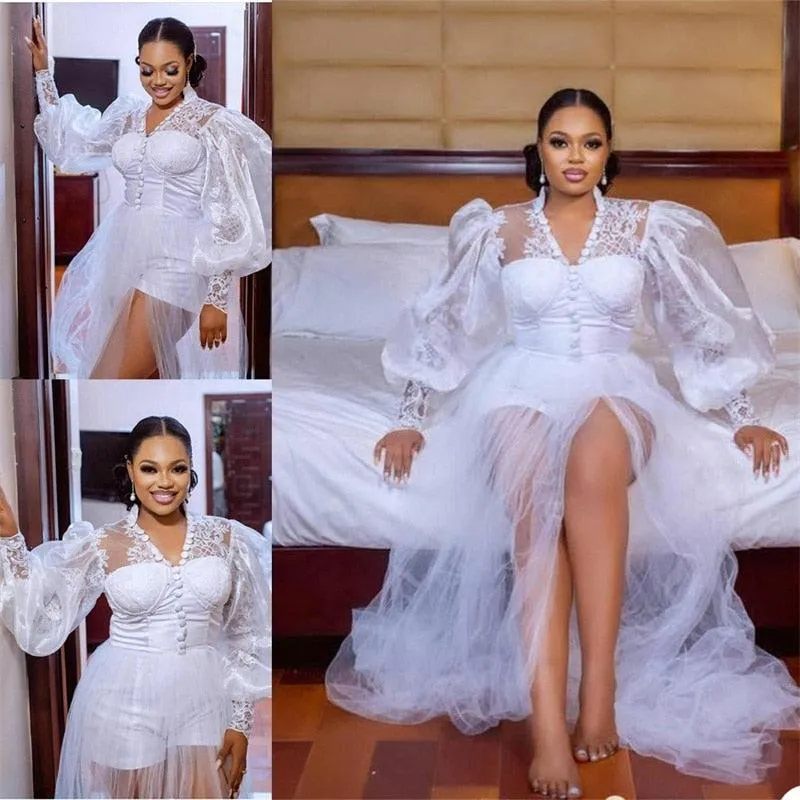 Weiße bauschige Langarm-A-Linien-Hochzeitskleider mit Rock, sexy Spitze, Übergröße, afrikanische Aso Ebi-Jumpsuit-Kleider für den Brautempfang