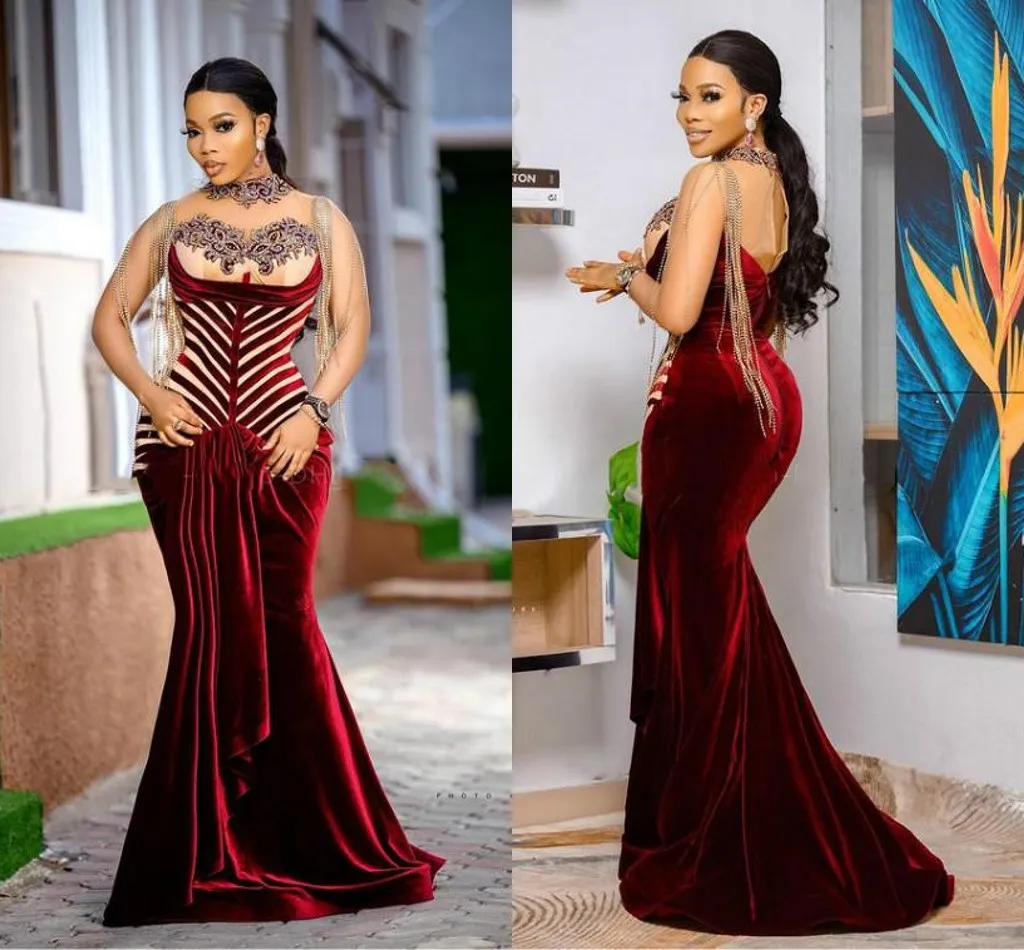 Burgundy Velvet Mermaid Suknie Wieczorowe 2022 Arabski ASO EBI Afryki Wysokiej Neck Aplikacja Koronki Zroszony Tassel Prom Reception Suknie