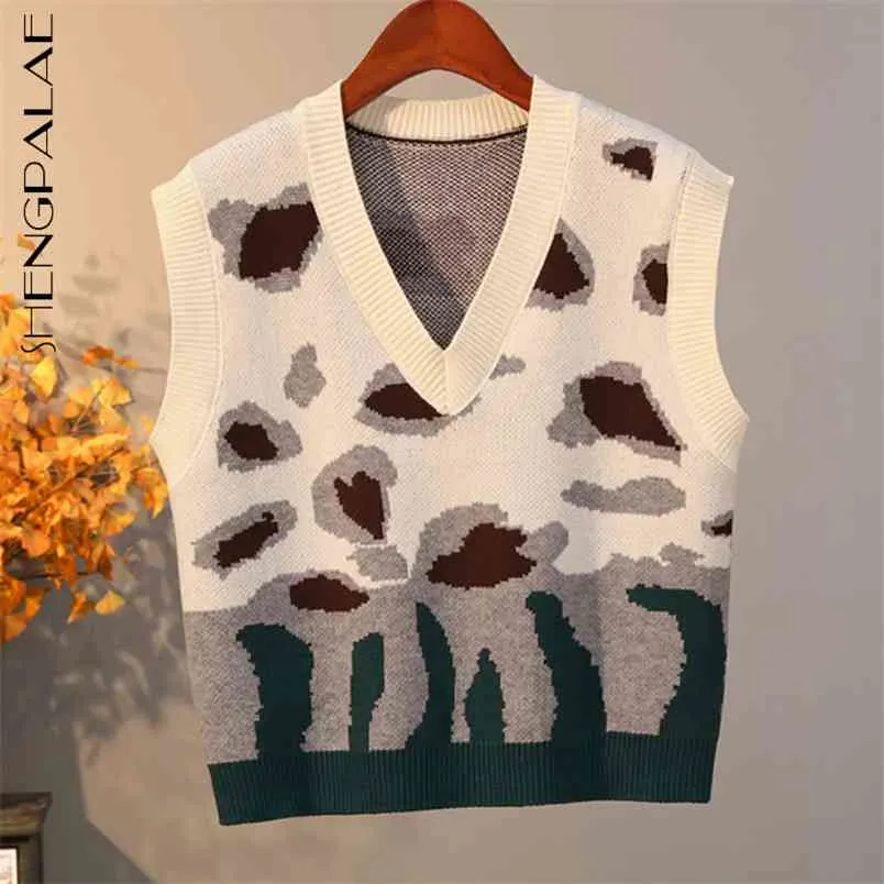 Sweet Leopard Stickad Waistcoat Kvinnors Vår V-Neck Loose Pullover Ärmlös Sweater Vest Kvinna 5B659 210427