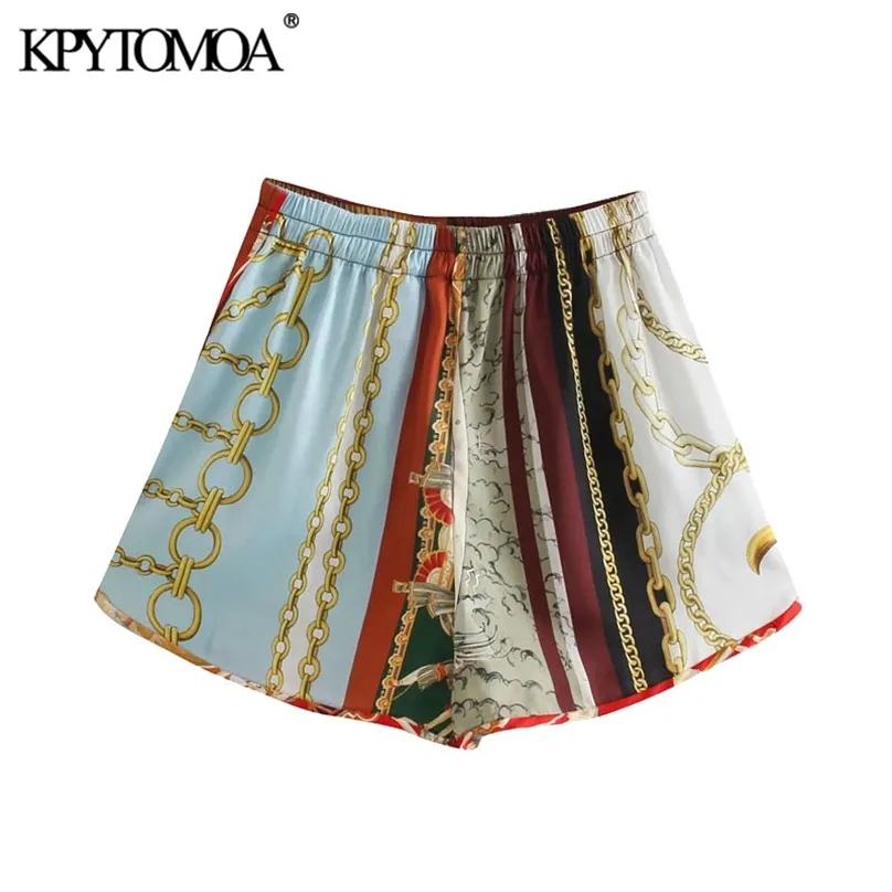 KPYTOMOA Kvinnor Mode Patchwork Chain Print Shorts Vintage Hög Elastiska Midja Sidofickor Kvinna Kort Byxor Mujer 210719