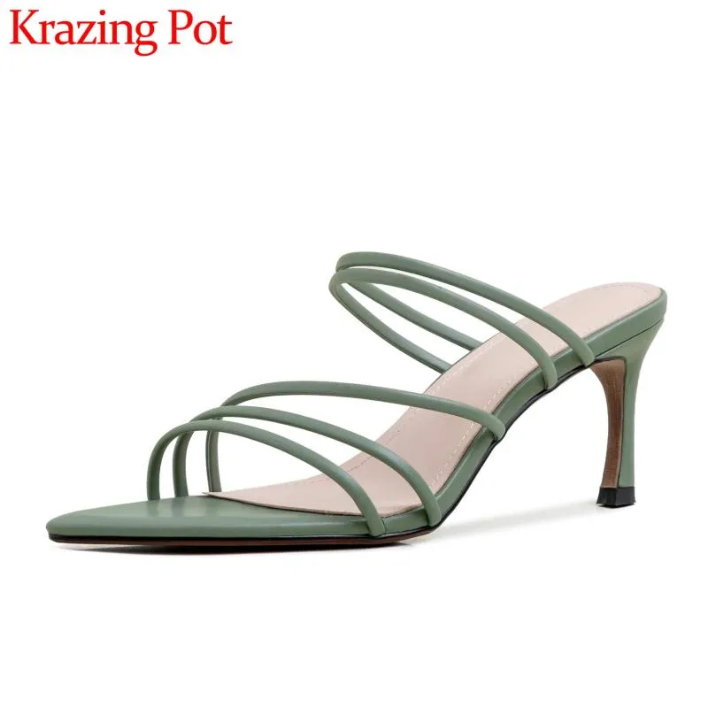 KRAZING POT ARRIVATION Big Size Natural Leather Peep Toe High Heels Slip On Women Mules Limited Customization Shoes L10 Sandaler