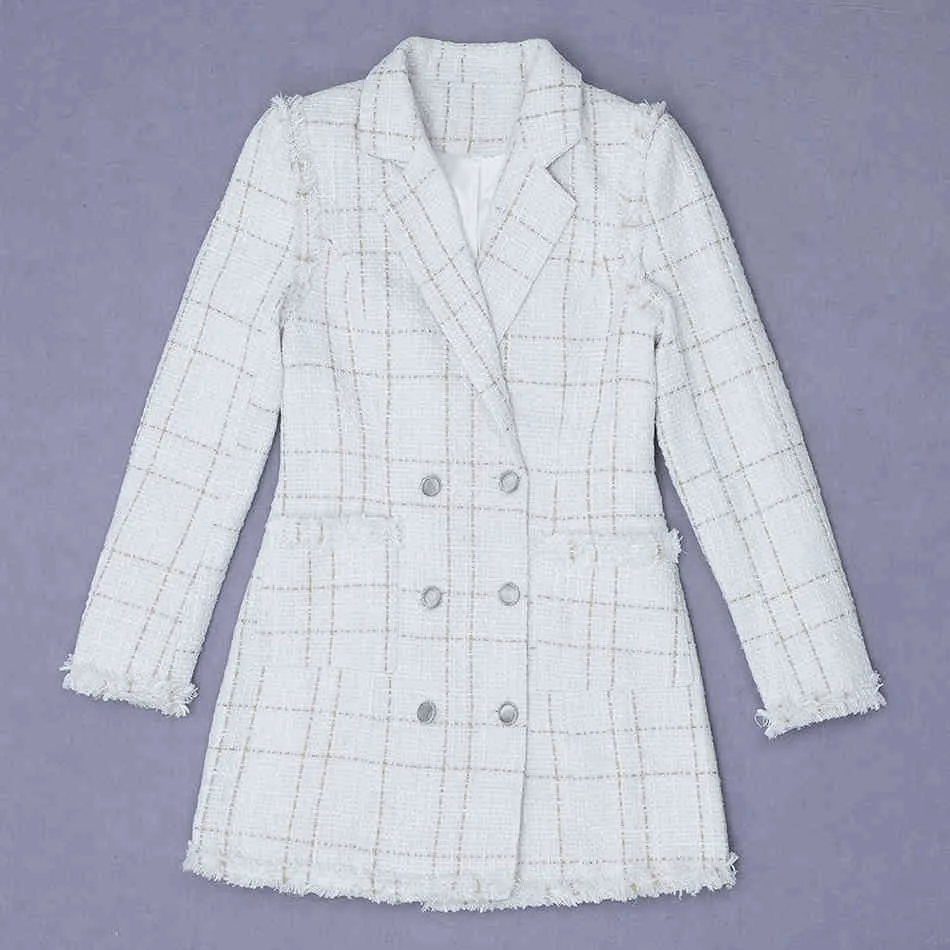 white checked long sleeve blazer dress Elegant Plaid Bodycon tweed jacket and dress for Women - Long Sleeve, Double Breasted, Lapel
