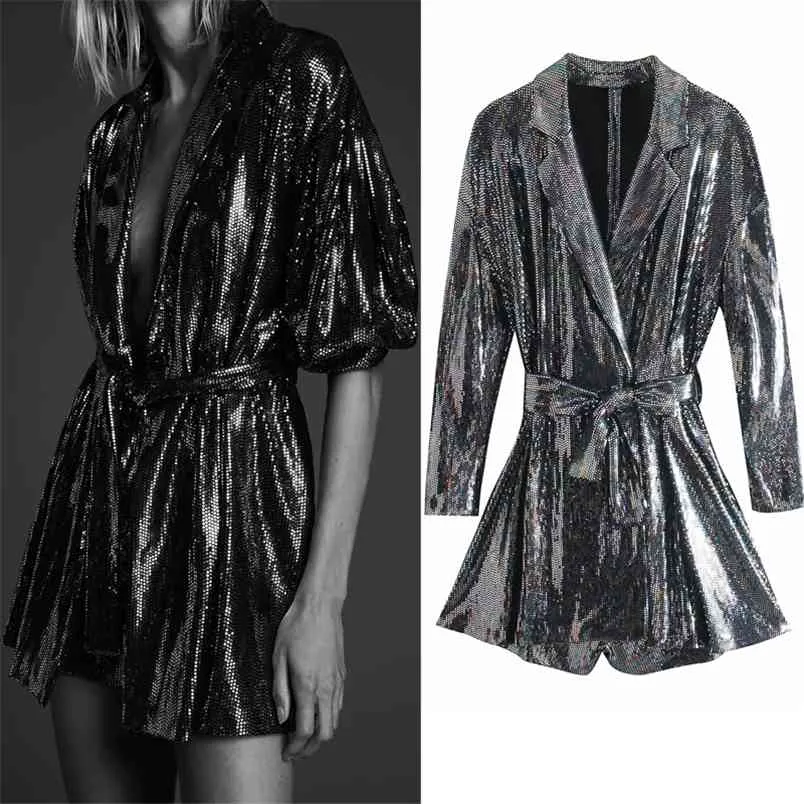 Cekin Czarny Kombinezon Kobiety Playsuit Sparkly Belt Puff Długi Rękaw Krótkie Panie Sexy Party S 210519